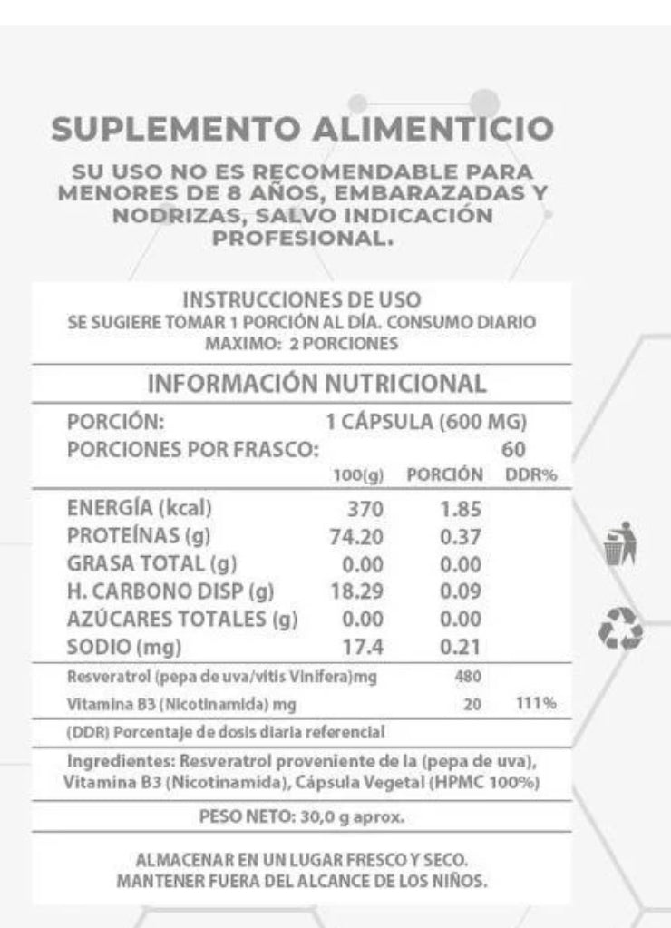 🧬REJUVENECE CON 2 CÁPSULAS DIARIAS 💊 NAD+ RESVERATROL 60 CAPSULAS ORIGINAL 500 MG 🏆