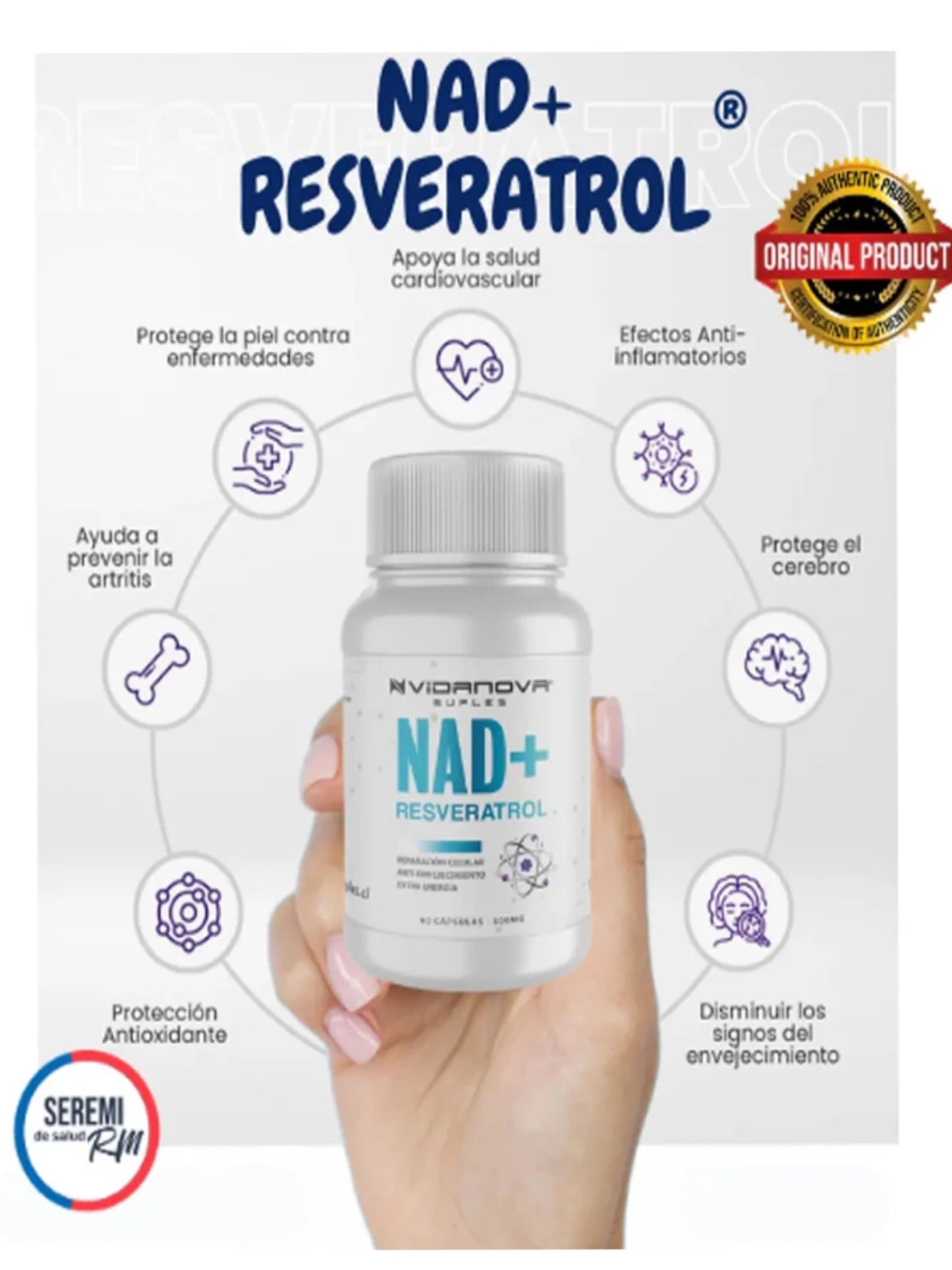 🧬REJUVENECE CON 2 CÁPSULAS DIARIAS 💊 NAD+ RESVERATROL 60 CAPSULAS ORIGINAL 500 MG 🏆